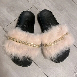 Furry Chain  Slip On Sandal, Size 40